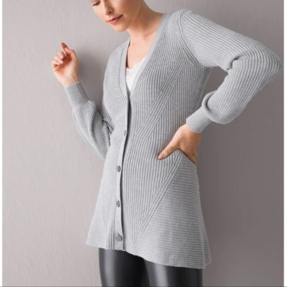 White House black market gray rib knit structured button down cardigan sweater M